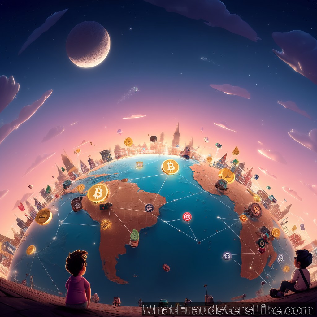 Two children gaze upwards at a stylized globe adorned with connected cryptocurrency symbols and cityscapes, all under a twilight sky with a crescent moon and distant stars.